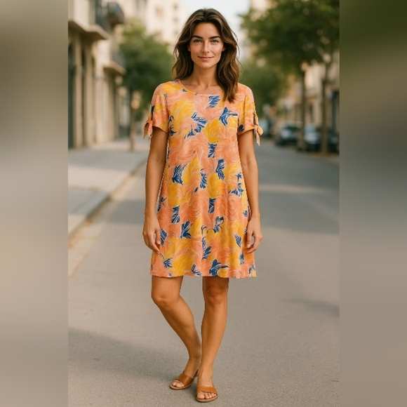 Caribbean Joe - Tropical Floral Pattern, Short Sleeve W/ Tie Accent, Size Medium - Picture 3 of 15